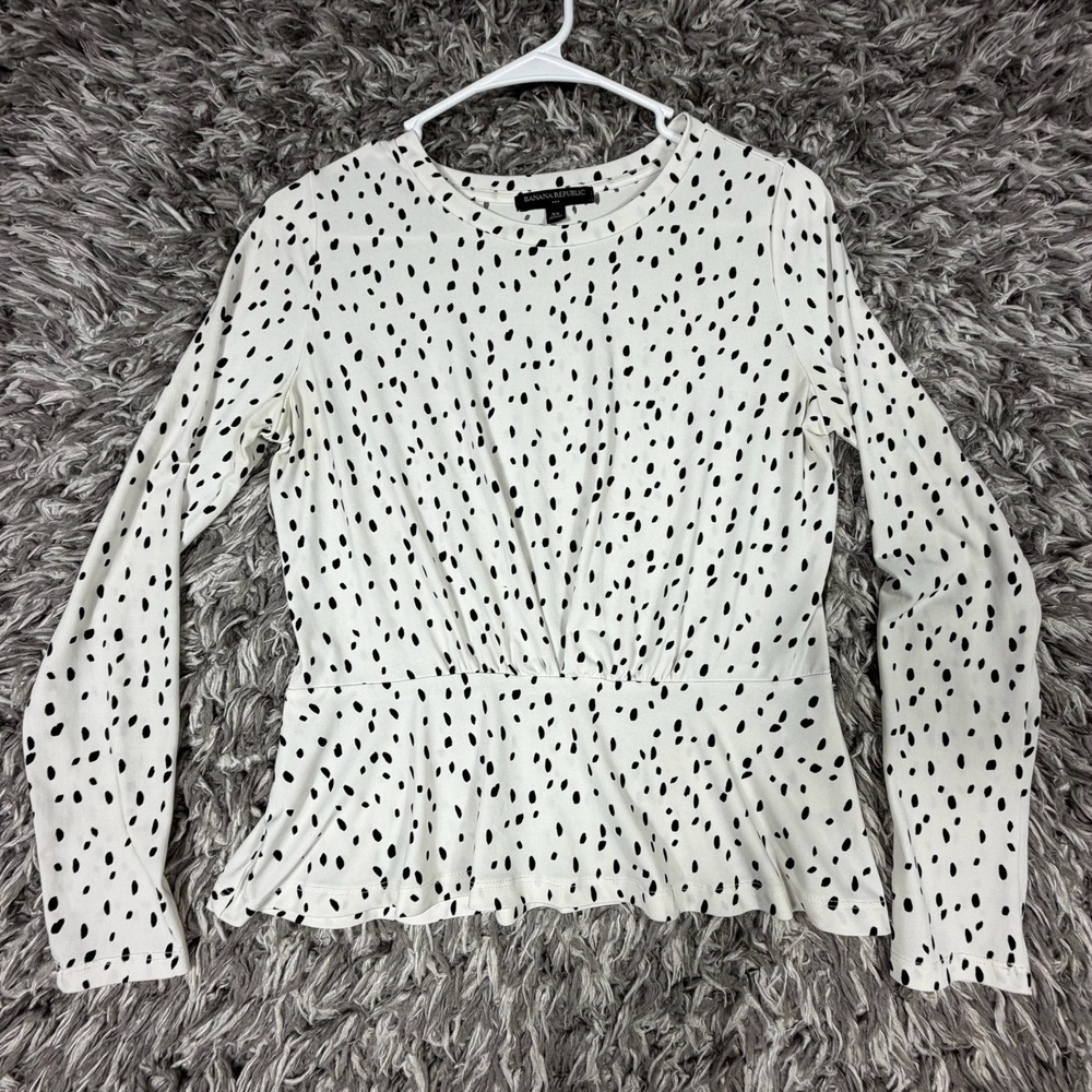 Banana Republic Womens XS Peplum Top Long Sleeve Polka Dot Dalmatian White Black